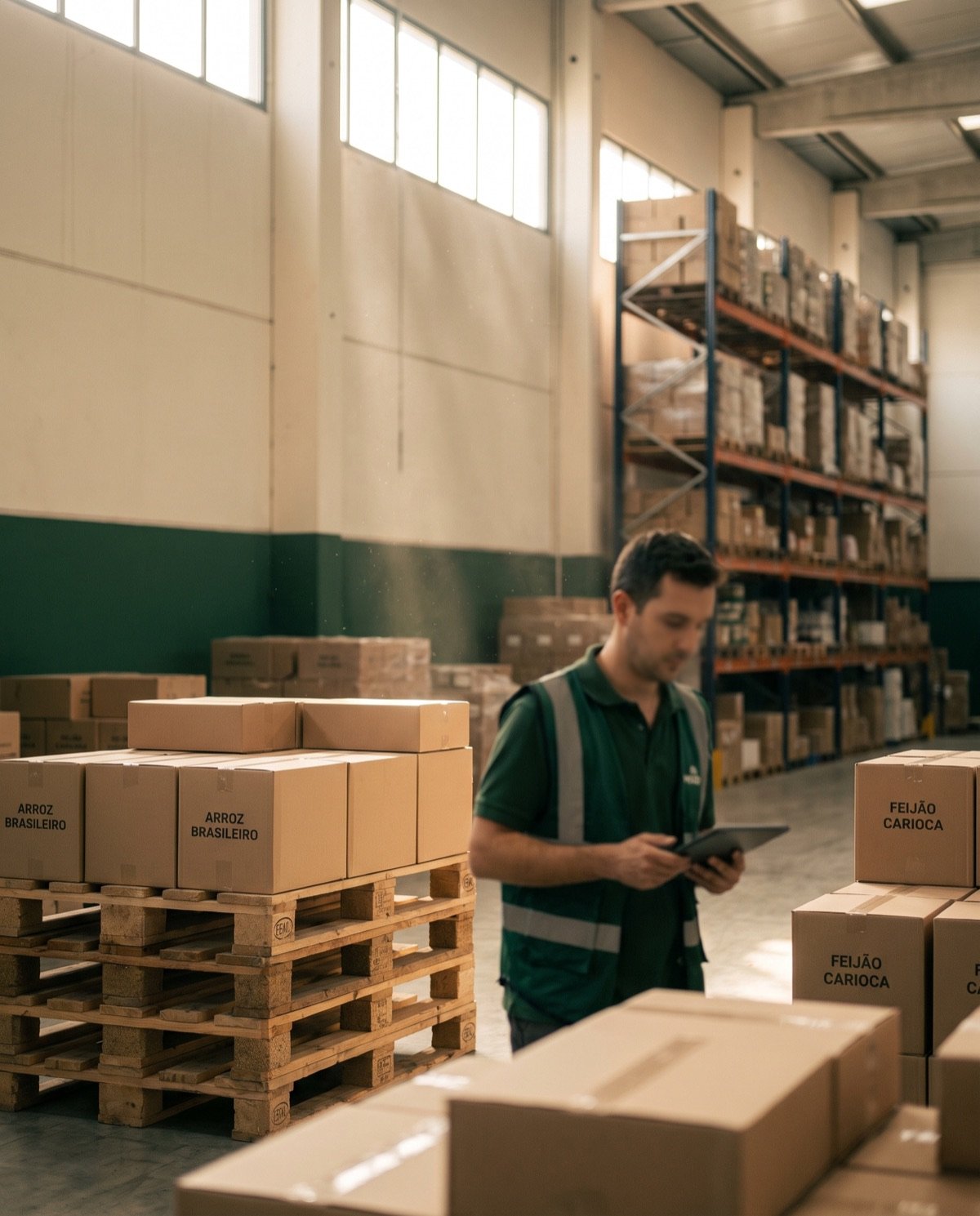 Almacén de Valente Distribuidora con palés de productos brasileños listos para su reparto.