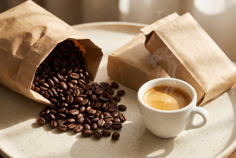 Café brasileño en grano y molido en paquetes al vacío.