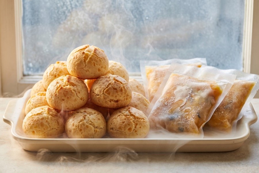 Pão de queijo recién horneado y pulpas de fruta congeladas.