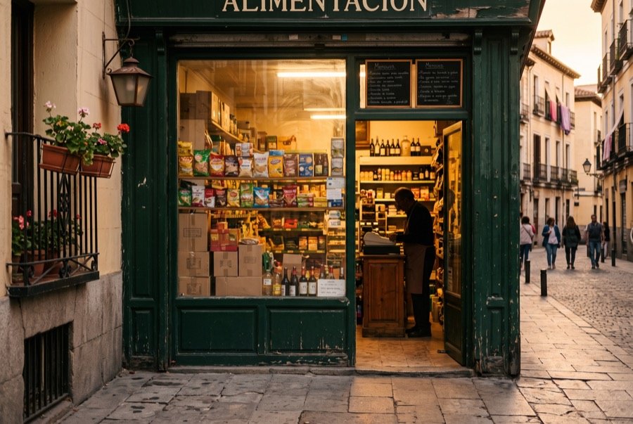 Escaparate de una tienda de barrio asociada a la red Valente.